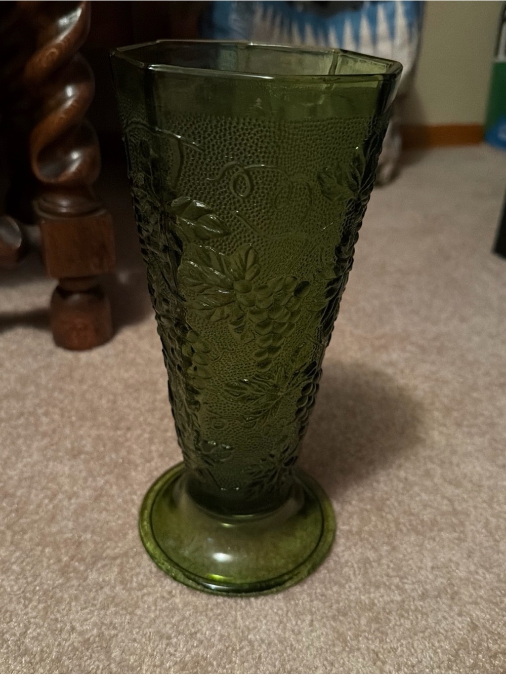 vintage green glass vase by Indiana Glass features the embossed "Harvest Grape"